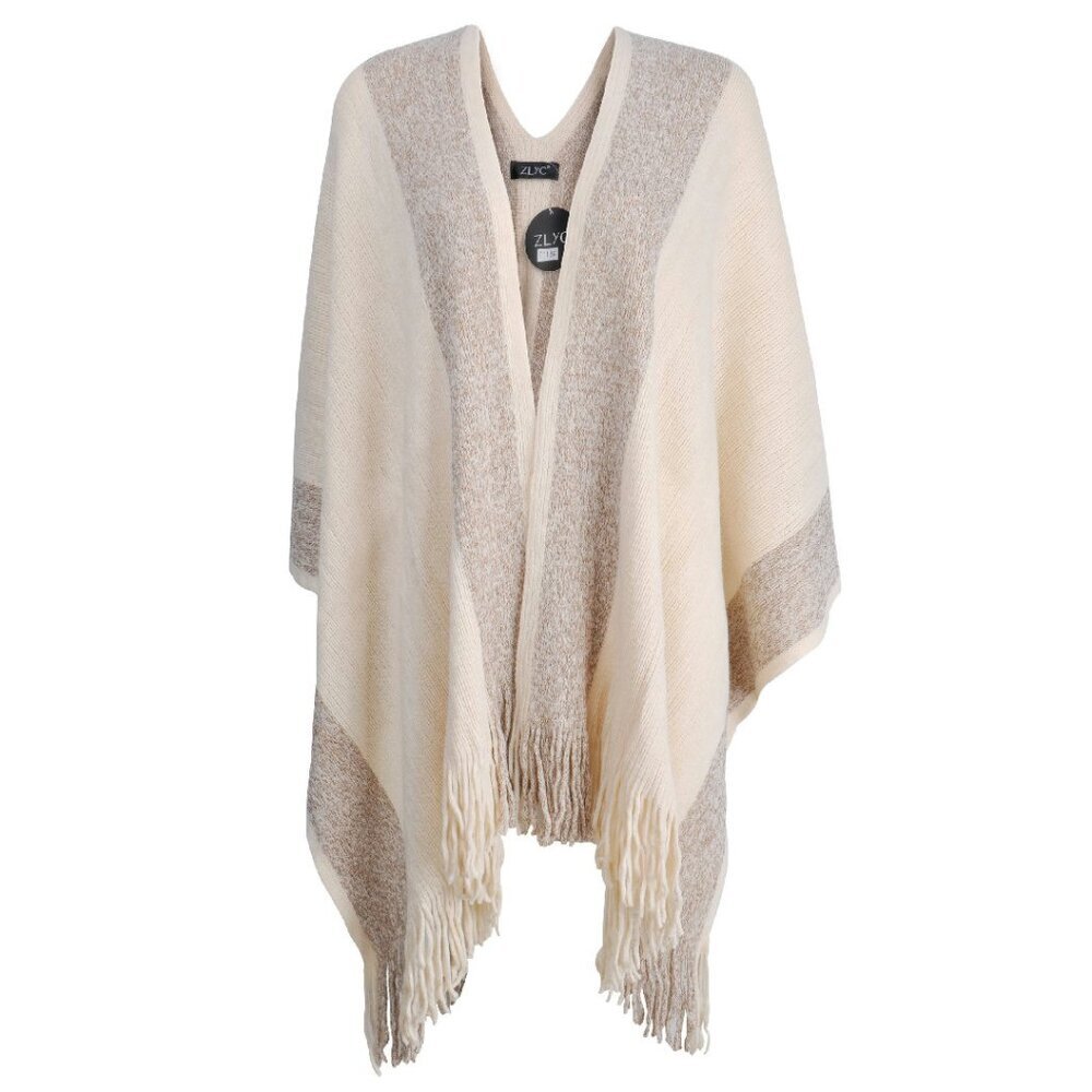 Soft Heavy Knit Shawl Poncho Cardigan with Golden Trim Fringe